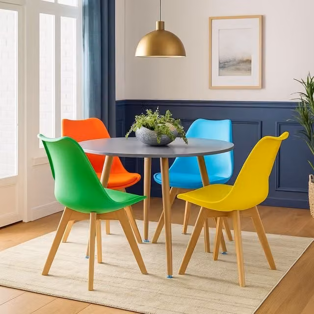 KOSY KOALA Modern Round Dining Table and 4 Mixed Plastic Chairs in Brown and Grey, W/D/H: 90 x 90 x 75 cm
