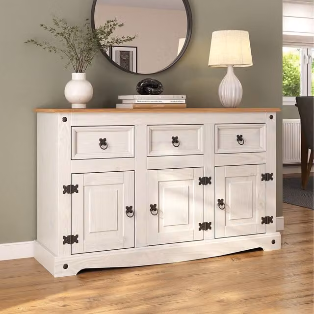 Mews Rustic White and Black Lacquered Pine Wood Sideboard
