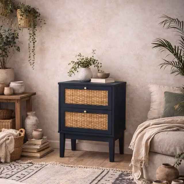 Wyld Haus Waterford Berlin Blue Oak and Rattan 2 Drawer Bedside Cabinet W/D/H: 35 x 40 x 58.6 cm – 1