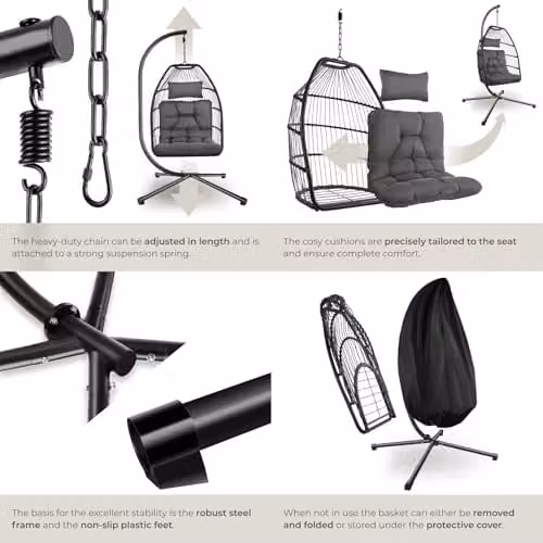 tectake Grey Rattan Egg Chair with Powder Coated Steel Stand and Cushions – 5