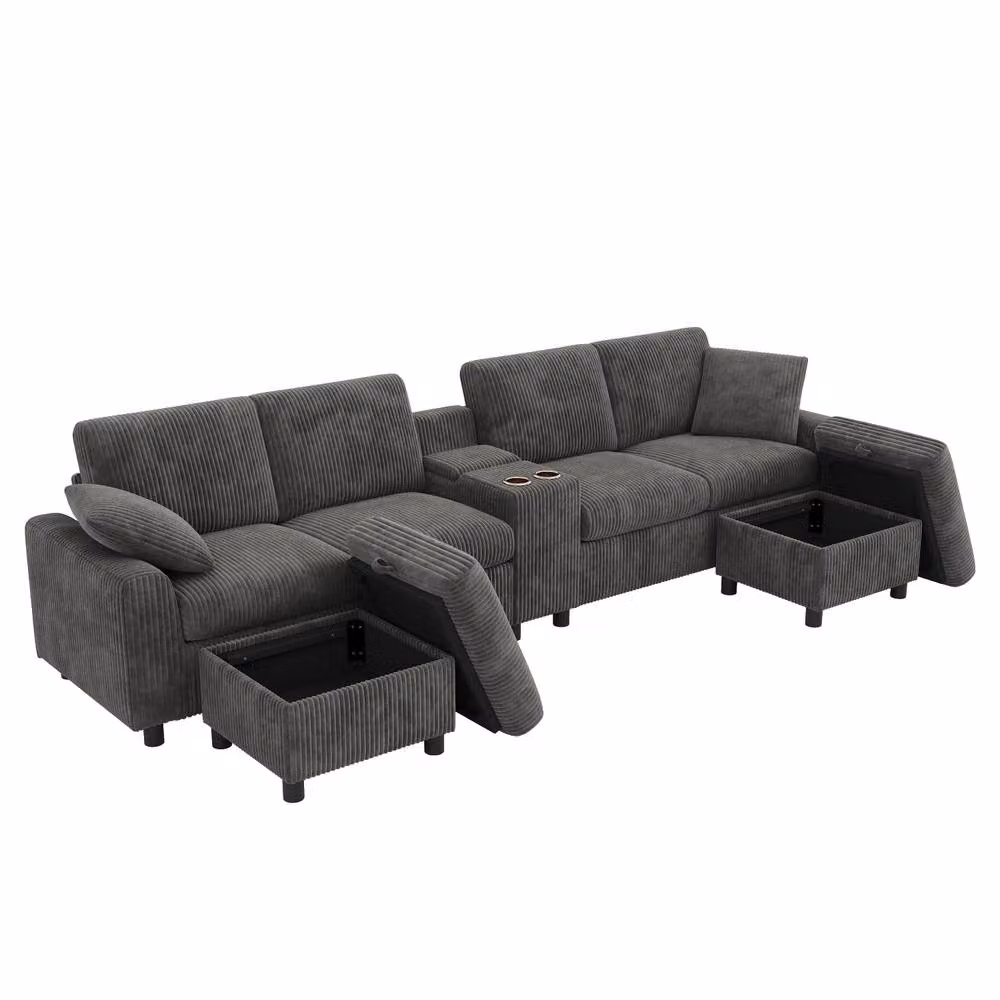 BTM U-Shaped Sectional Ottoman Storage Sofa in Grey with USB Charging Ports and Cup Holders – 7