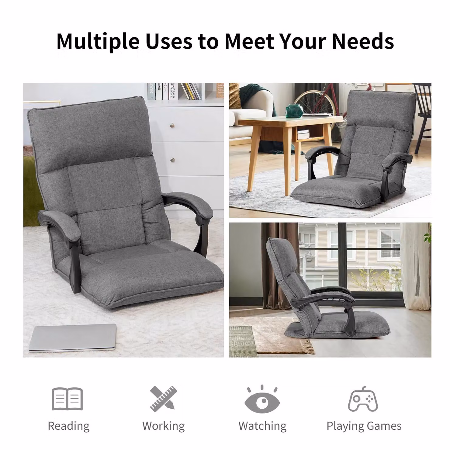 Costway Adjustable Grey Fabric Gaming Floor Chair with Armrests and Headrest – 6