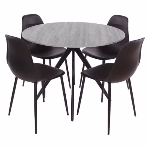 Core Products Aspen 5-Piece Dining Set with Round Grey-Oak Effect Table and 4 Black Ergonomic Curve Plastic Chairs