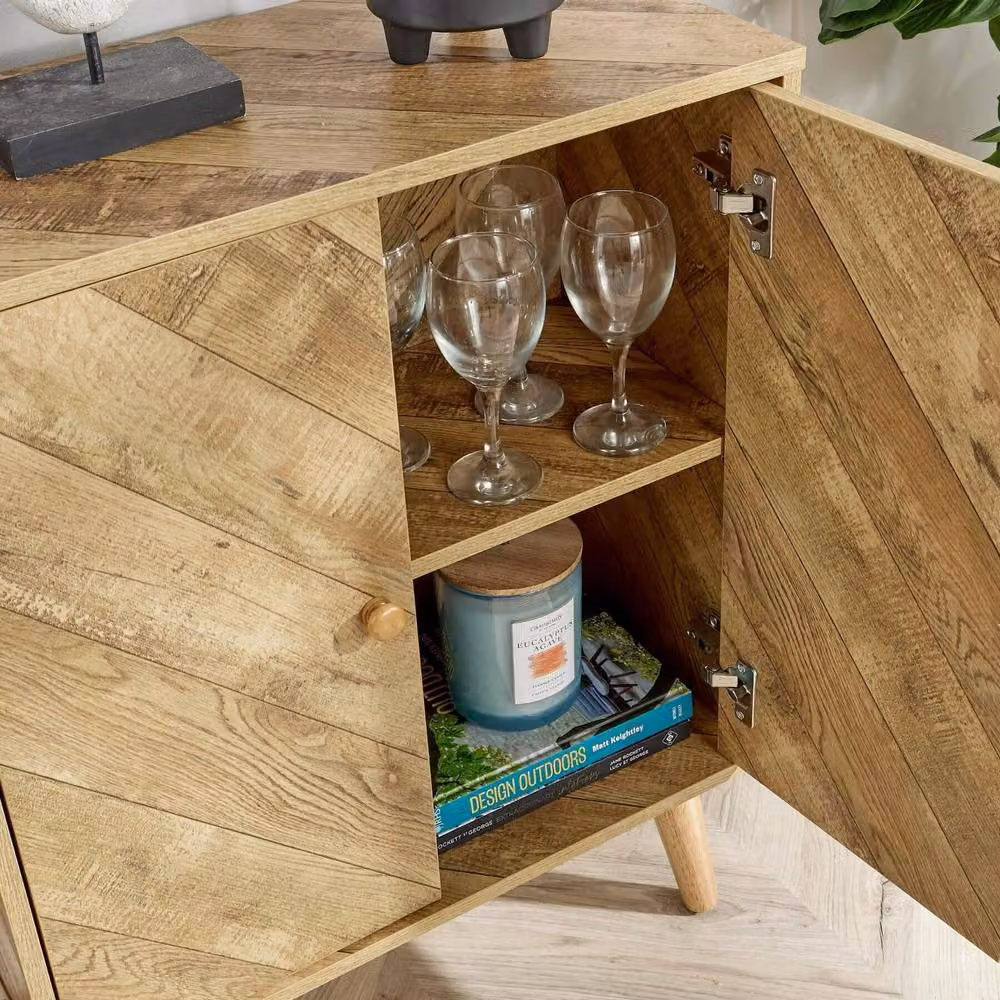 Home Source Mid-Century Geometric 2 Door Sideboard Storage Unit in Natural – 3