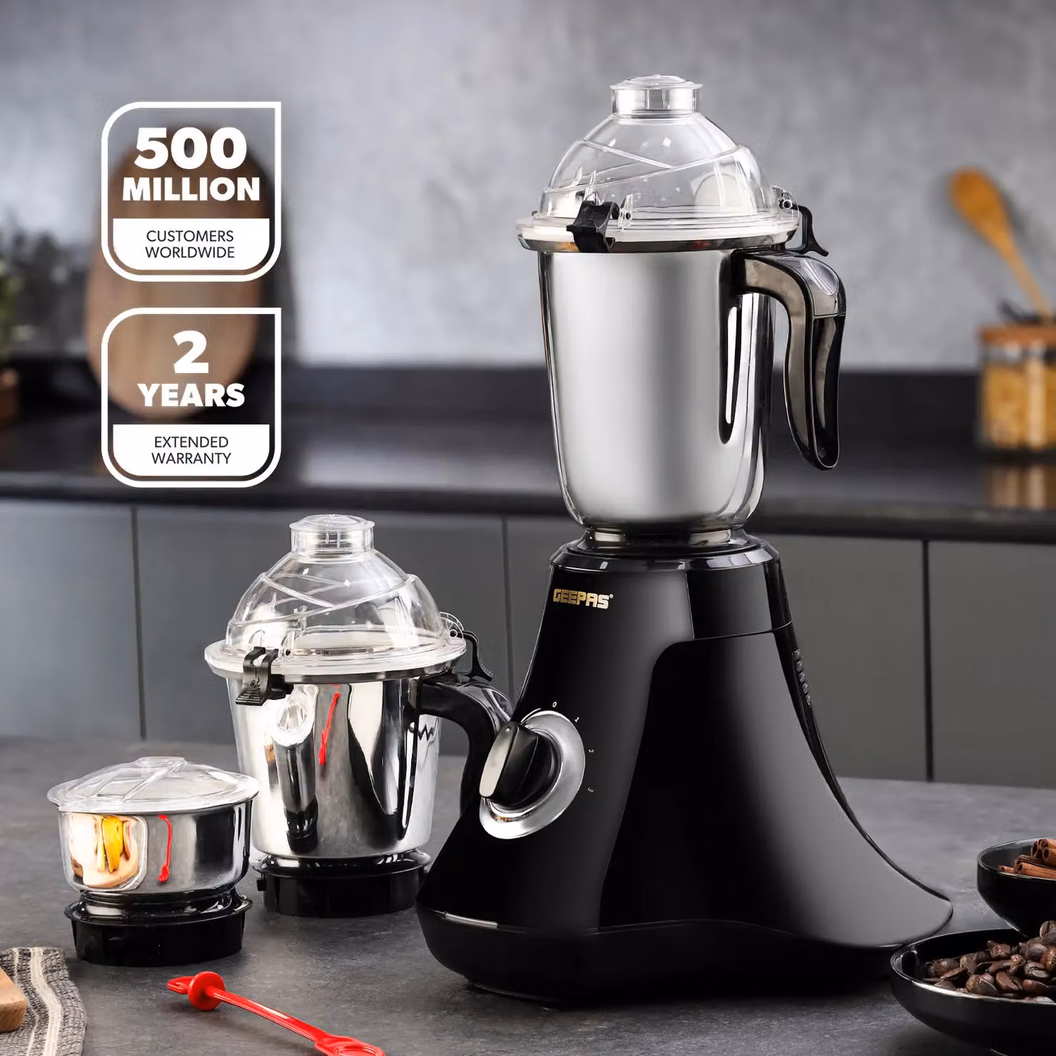 Geepas 750W 3-in-1 Mixer Grinder with Stainless Steel Jars and Overheat Protection, Black – 6