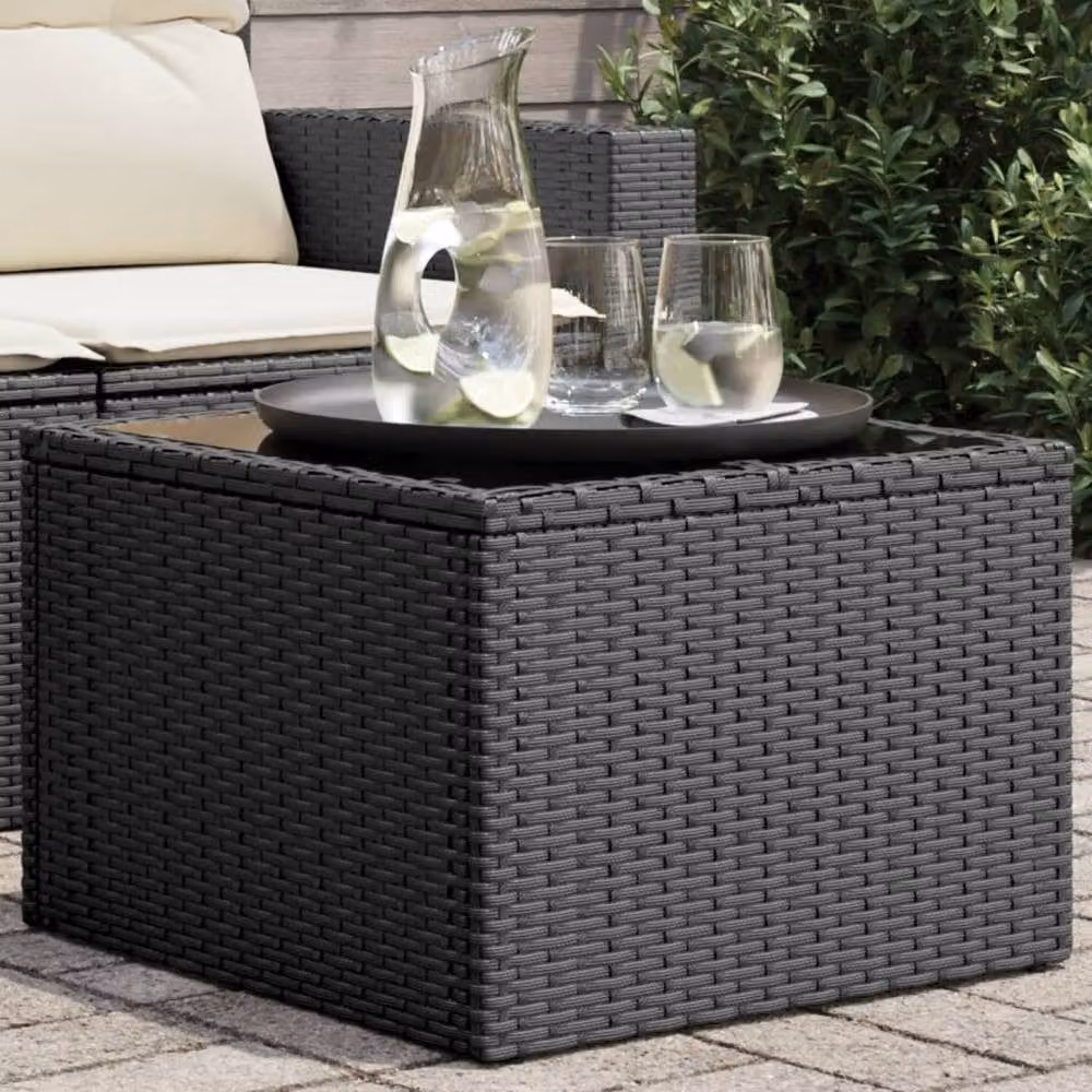 Berkfield Home Black Poly Rattan Garden Table with Glass Top, W/D/H: 55 x 55 x 37 cm – 1