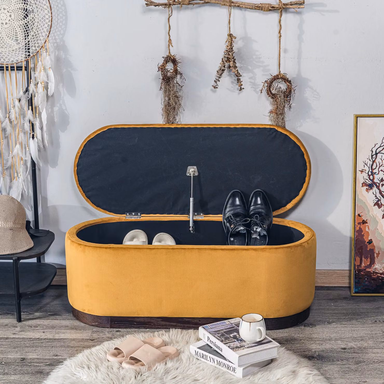 Nordlys Scandinavian Design Velvet Upholstered Storage Bench in Yellow – 3