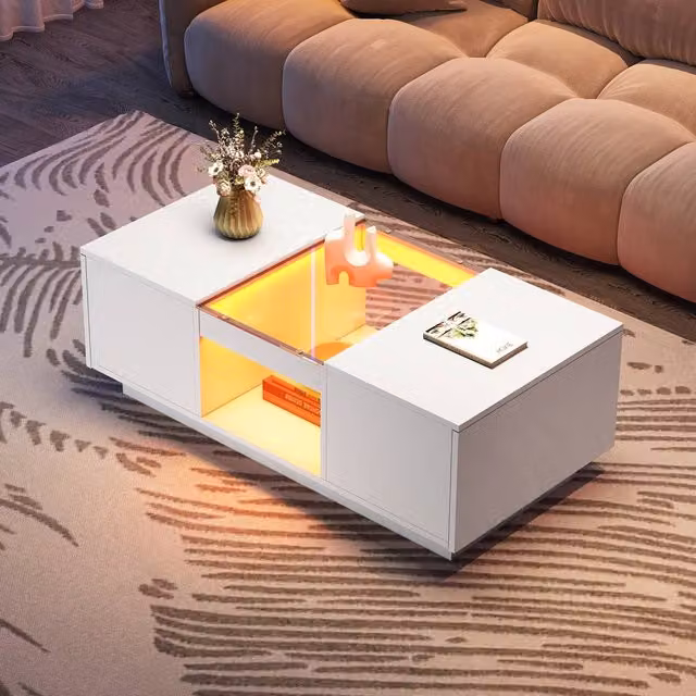 Matteo Modern White LED Coffee Table with Glass Top and Storage W/D/H: 50 x 50 x 35.5 cm – 1