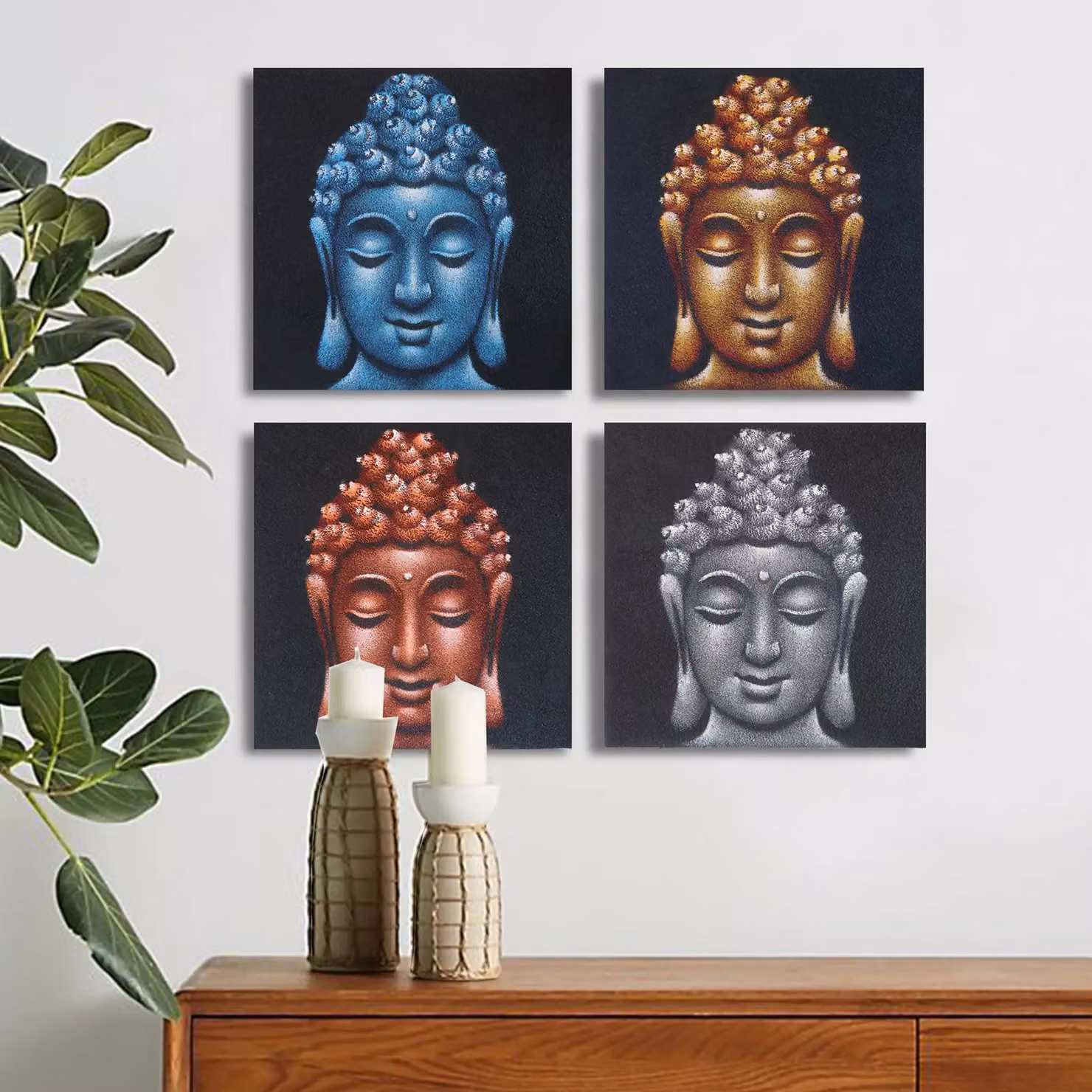 KDMD Set of 4 Buddha Head Ethnic Canvas Paintings, Multicolour, W/H: 40 x 40 cm – 2