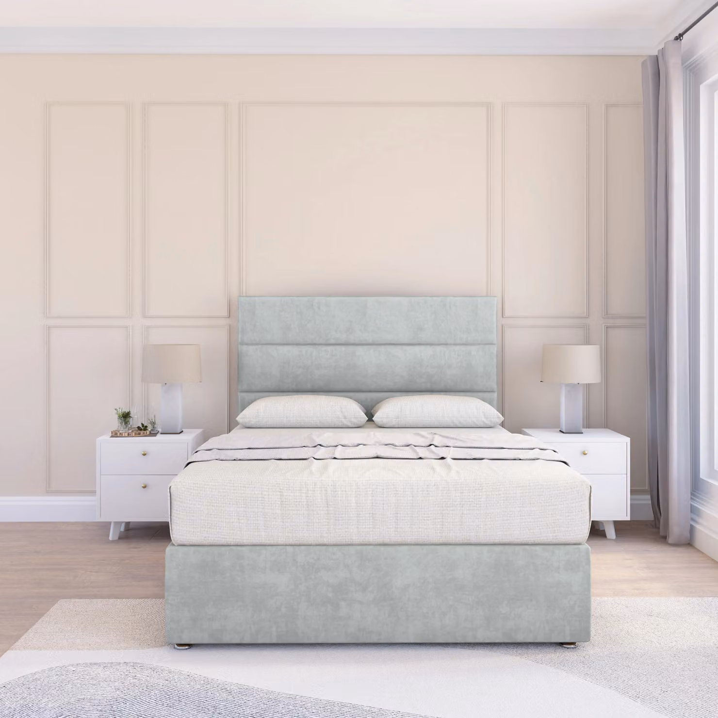 Sloomy Texas Small Double Divan Bed Base and 26 inch Struts Headboard in Silver Velvet Fabric, W/D/H: 120 x 200 cm