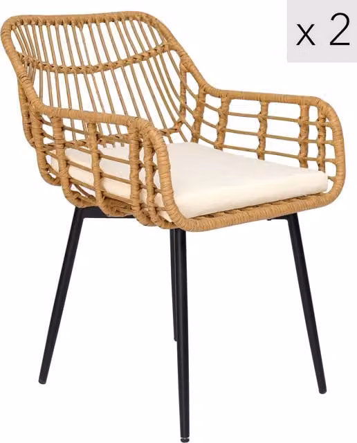 Nordlys Set of 2 Modern Polyrattan Dining Chairs with Armrests and Cushions in Brown and Black – 1