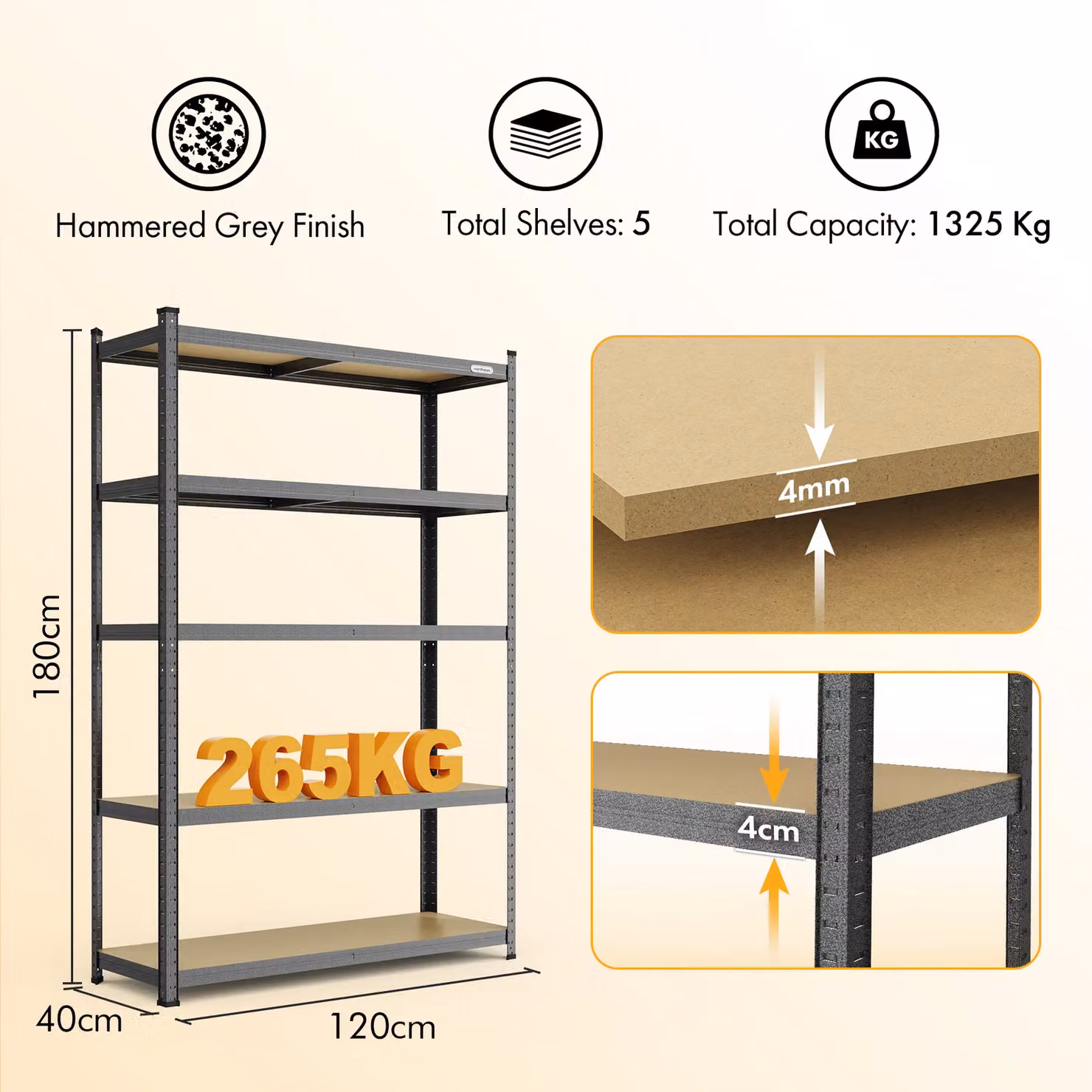 VonHaus 5 Tier Extra Wide Garage Shelving Unit in Grey, W/D/H: 120 x 40 x 180 cm – 7