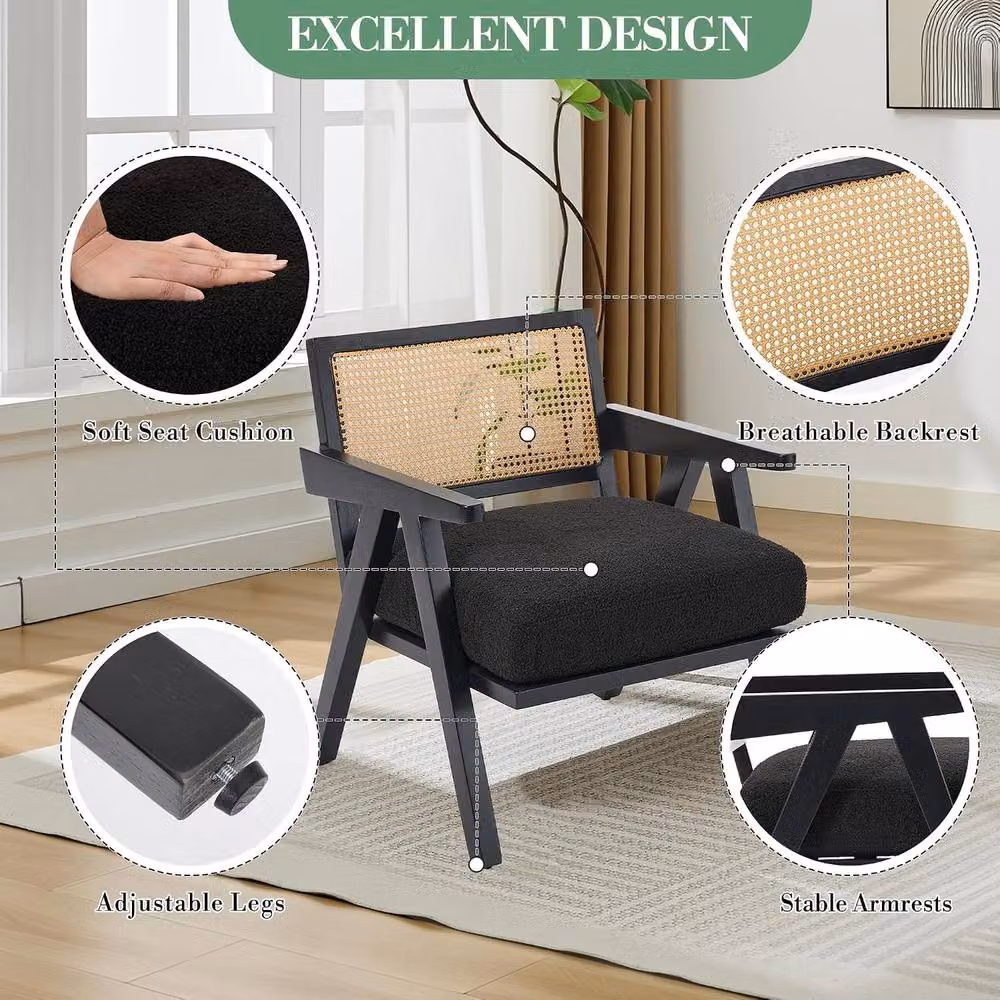 London Boutique Black Rattan Accent Armchair with Teddy Bouclé Fabric Upholstery and Solid Wood Frame – 3