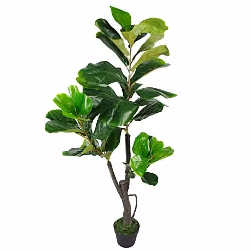 Leaf Large Artificial Fiddle Fig Tree Ficus Lyrata in Green with Black Plastic Pot, Height: 120 cm – 1