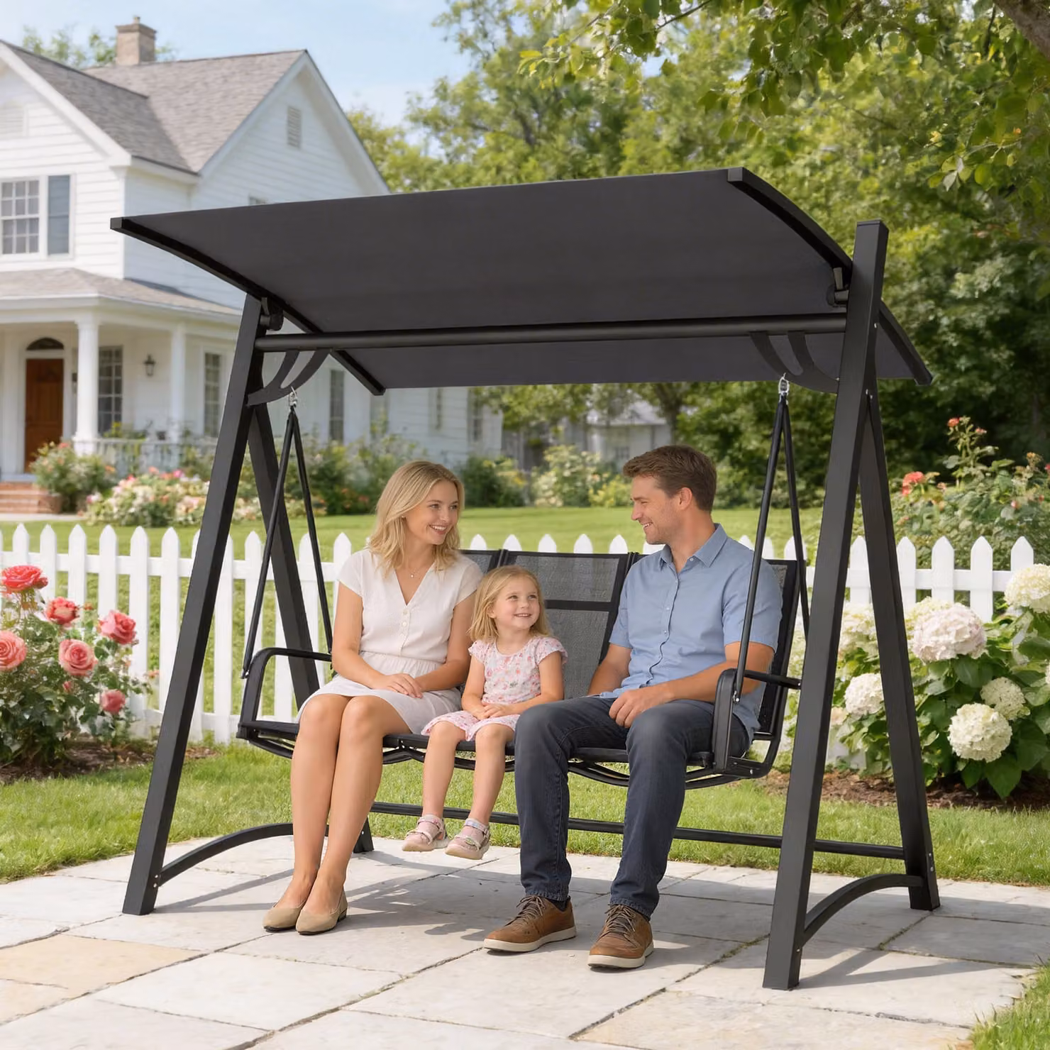 Outsunny 3 Seater Garden Swing Bench with Adjustable Sun Canopy in Grey – 2