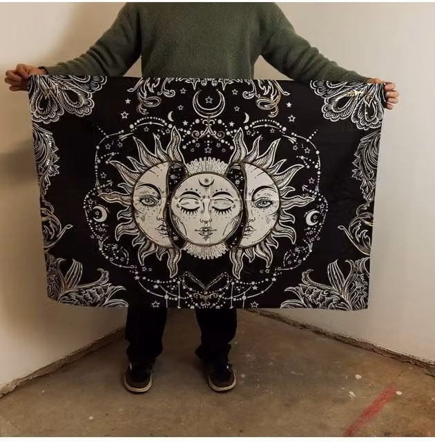 KDMD Sun Goddess Cotton Wall Art, Black, Gold and White Boho Celestial Textile Hanging, W: 70 cm, H: 110 cm – 1