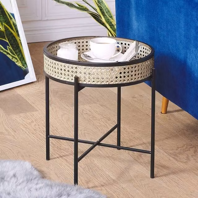 Wyld and Coco Detachable Top Round Side Table in Matt Black and Natural Rattan, Diameter: 36 cm, Height: 43 cm