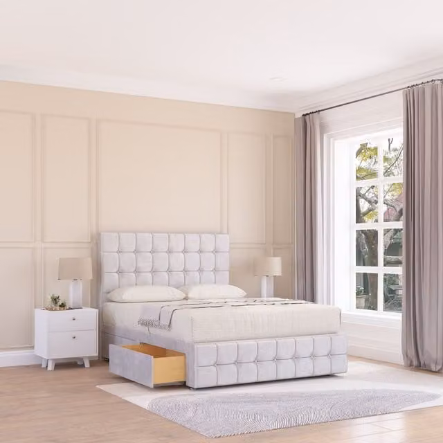 Sloomy Berlin Divan Bed Base with 2 Drawers, 12 inch Footboard and 26 inch Strutted Headboard, Silver Fabric, W/D/H: 120 x 200 cm