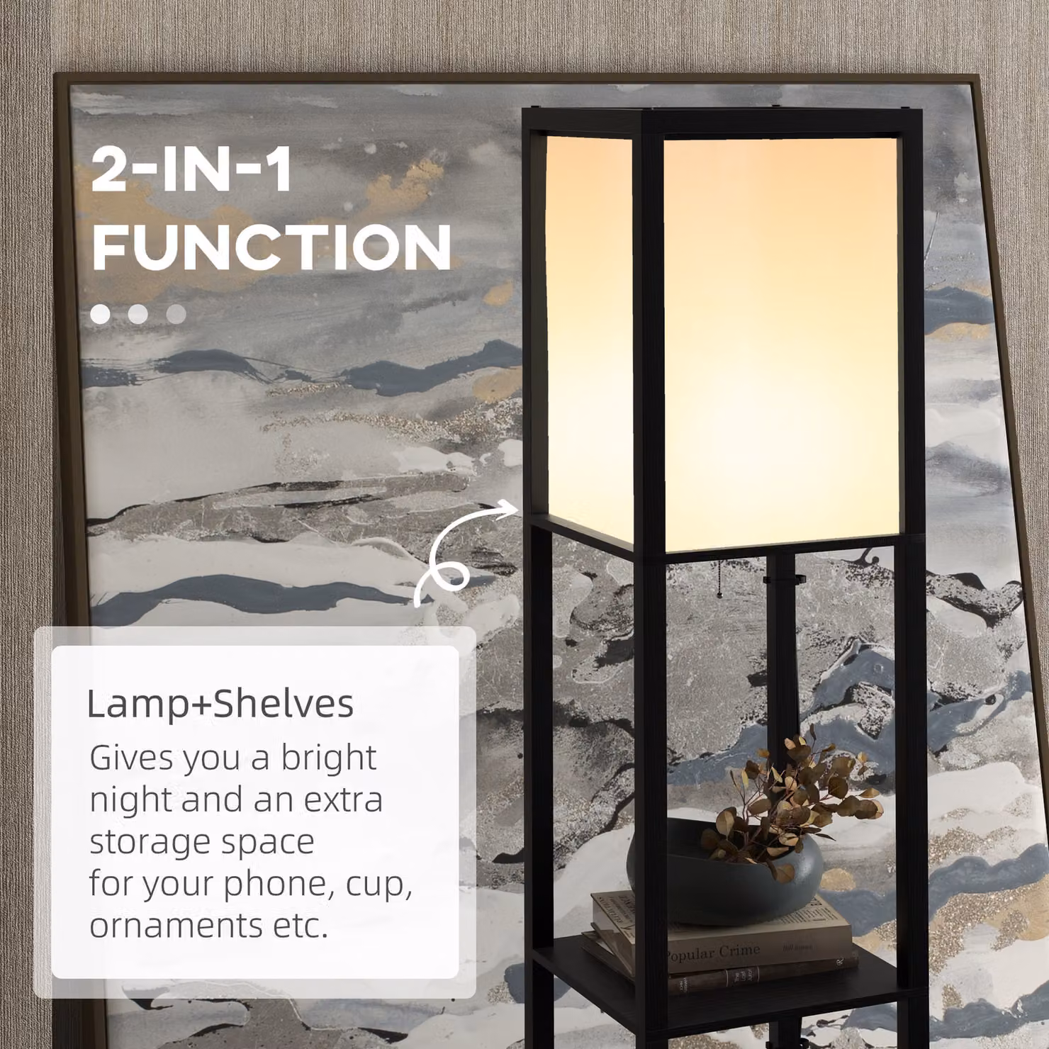 HOMCOM Floor Lamp with Two Shelves and Dual Ambient Light in Black – 5