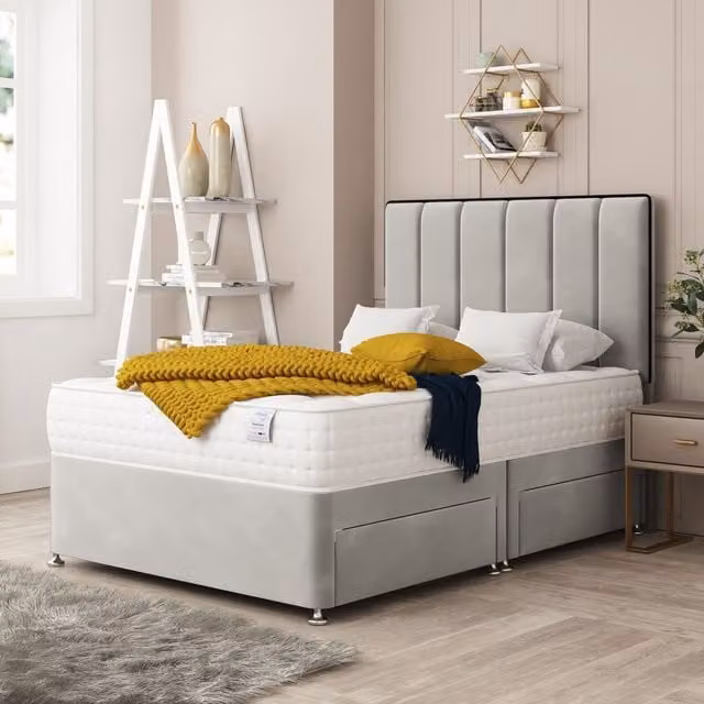 Bed Choices Herringbone Divan Bed with 2 Drawers, Mattress and 26 inch Headboard in Silver, King Size, W/D/H: 180 x 200 cm
