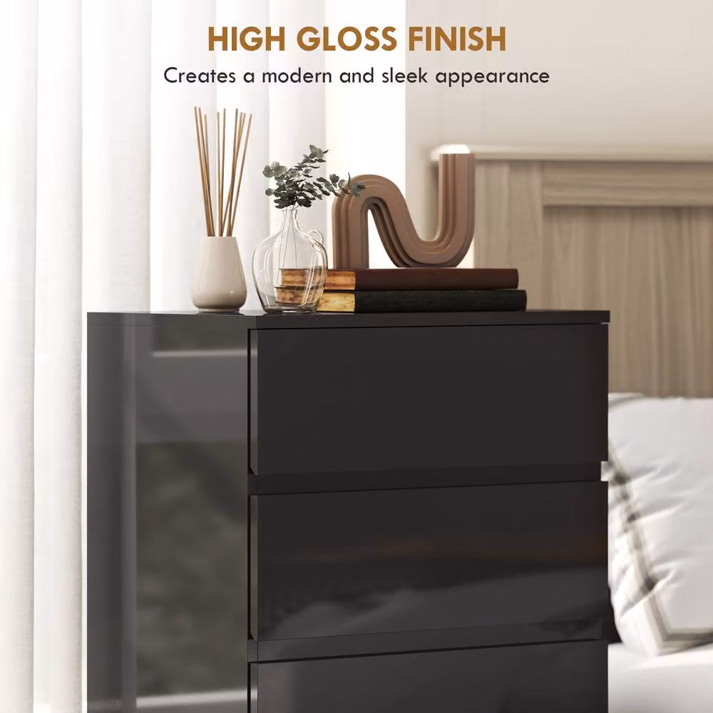 STILVORA Minimalist Black Glossy Chest of Drawers with 5 Soft-Close Drawers – 5