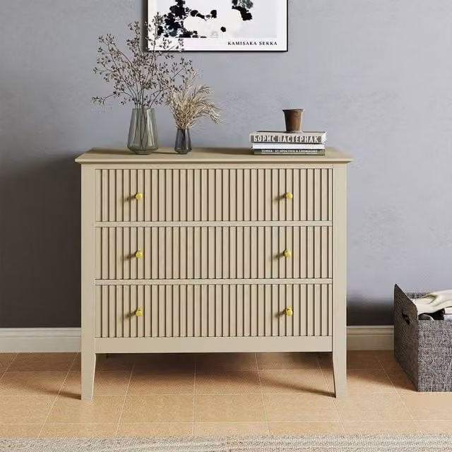 Melody Maison Hales 3 Drawer Chest of Drawers in Beige and Gold