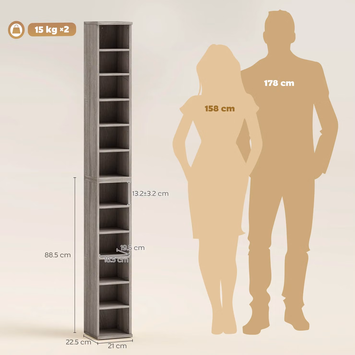 HOMCOM Set of 2 Grey CD Media Display Tower Racks with Adjustable Shelves – 3