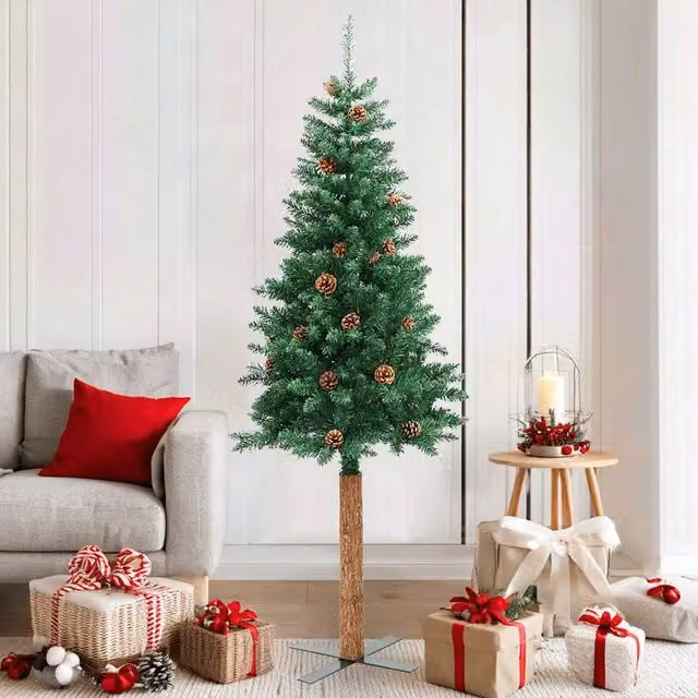 Berkfield Home Slim Green Christmas Tree with Real Wood and Cones, Height: 180 cm – 1