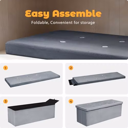 Simpa Extra Large Fold Flat Ottoman Storage in Dark Grey Brushed Velvet, L 110 cm x W 38 cm x H 37 cm – 7