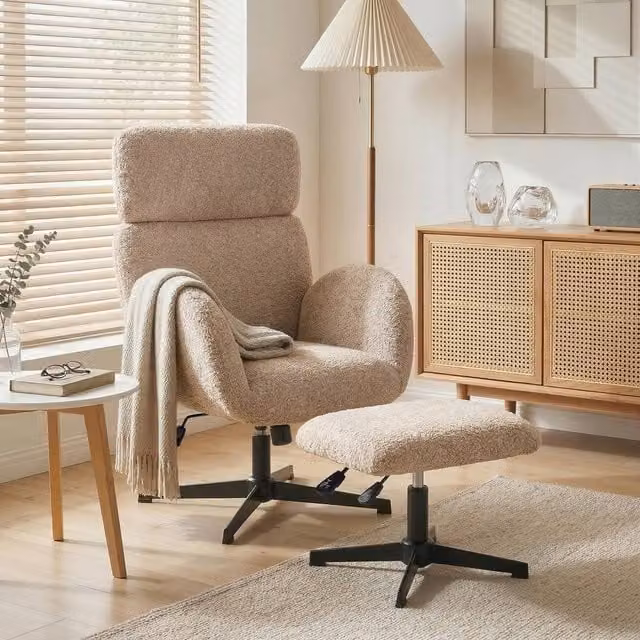 HOMCOM Swivel Armchair with Ottoman in Brown Bouclé Fabric