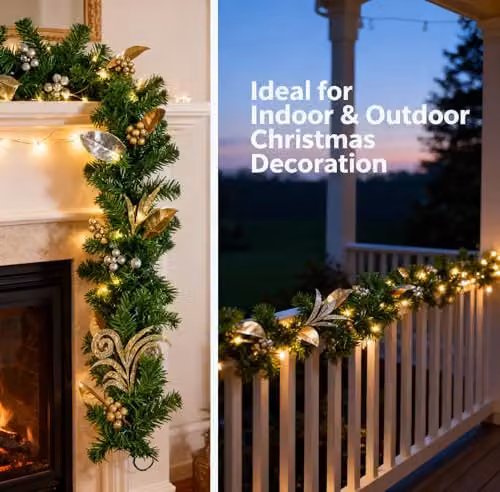 SHATCHI 200cm Christmas Garland with Silver and Gold Berries, Eucalyptus Leaves and Pine Needles – 6