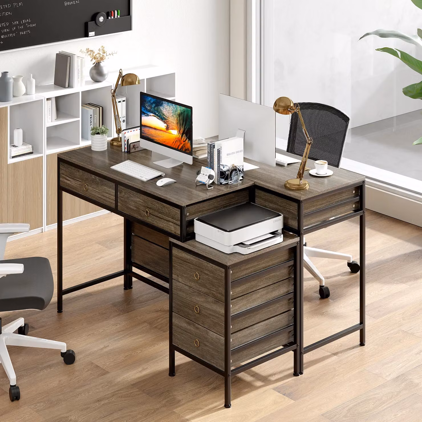 Costway Home Office Computer Desk with Side File Cabinet and 5 Drawers in Grey and Black – 4
