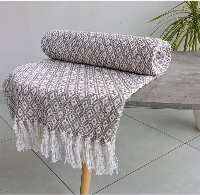 Rapport Home Eden Geometric Recycled Cotton Throw in Beige and Yellow, W x D: 254 x 254 cm