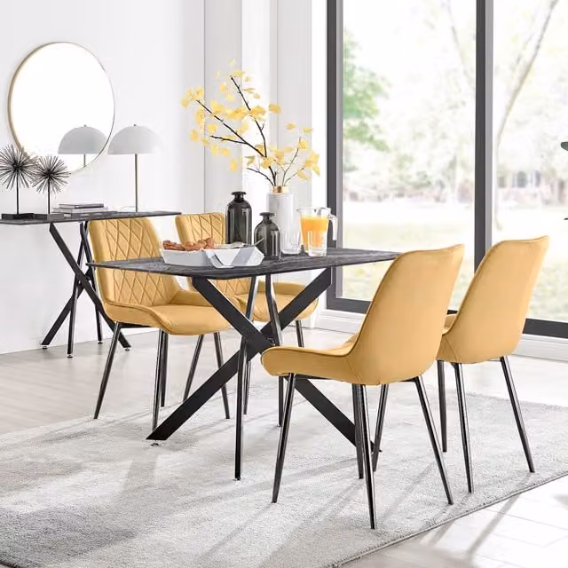 FurnitureboxUK Leonardo Grey Glass Marble Effect Table and 4 Pesaro Black Leg Chairs in Mustard