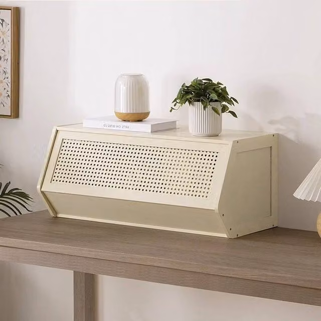 EONLION Bamboo Storage Unit in White with Roll Shutter Doors, W/D/H: 31 x 30 x 30 cm