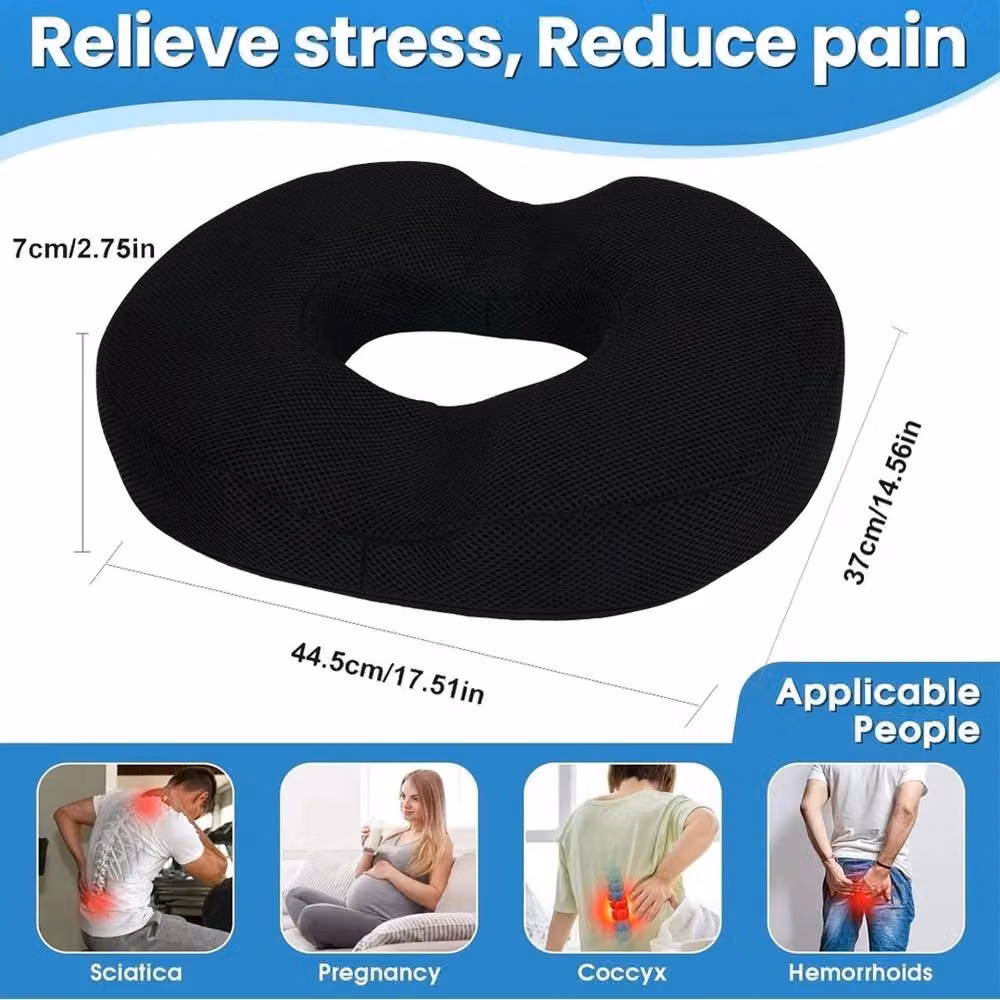 VOGREX Black Memory Foam Contoured Donut Seat Pad for Coccyx Pain Relief – 2