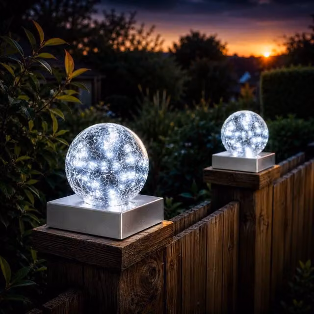 FLAVORA 2-Piece Solar Garden Crackle Glass Ball Lights in White and Silver