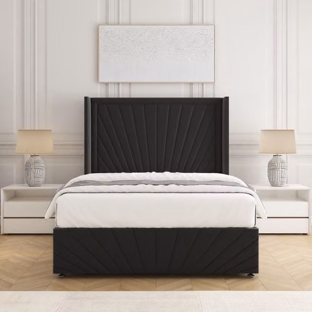 BSSPOKE Nola Plush Velvet Double Divan Bed Set with Headboard and Mattress in Black, W/D/H: 140 x 200 cm
