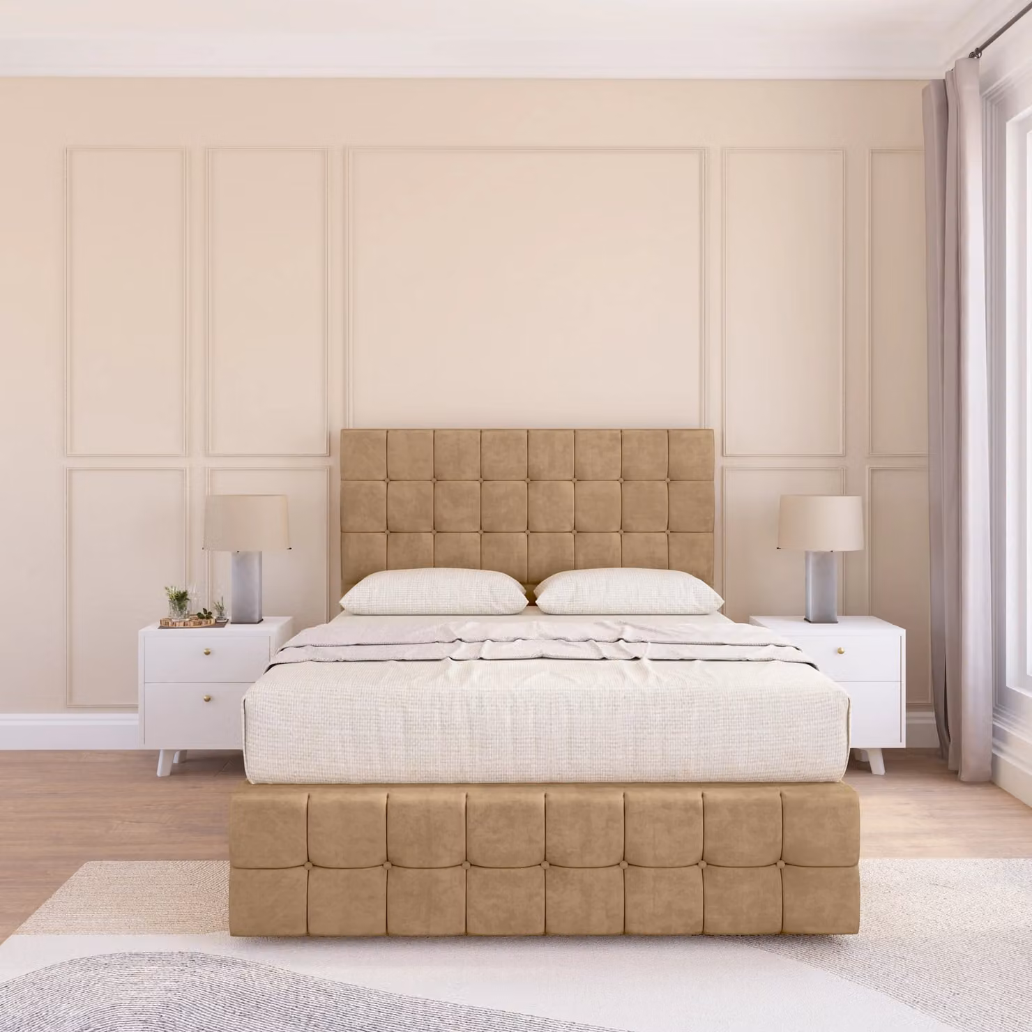 Sloomy Berlin Divan Bed Base with 12 inch Footboard and 26 inch Struts Headboard, Brown and Beige Upholstered Fabric, W/D/H: 200 x 200 cm, Super King
