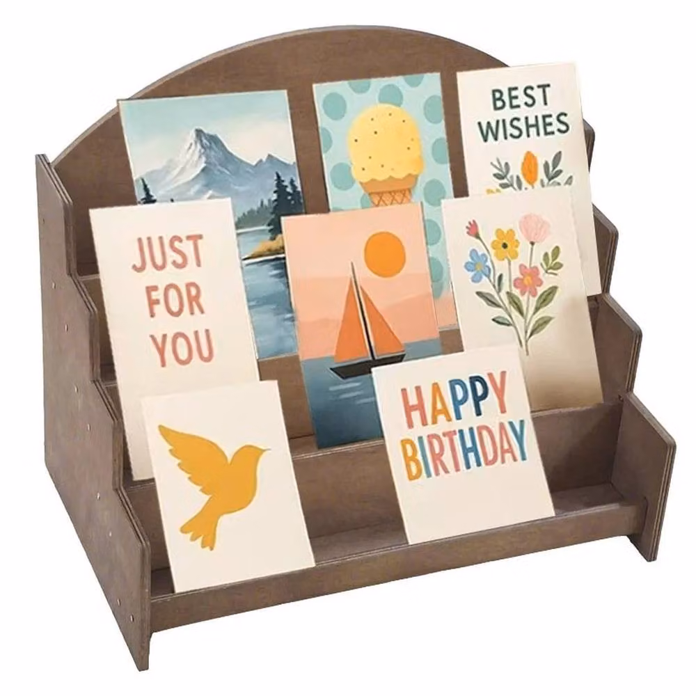VOGREX 4-Tier Rustic Wooden Postcard and Greeting Card Display Stand in Brown – 3