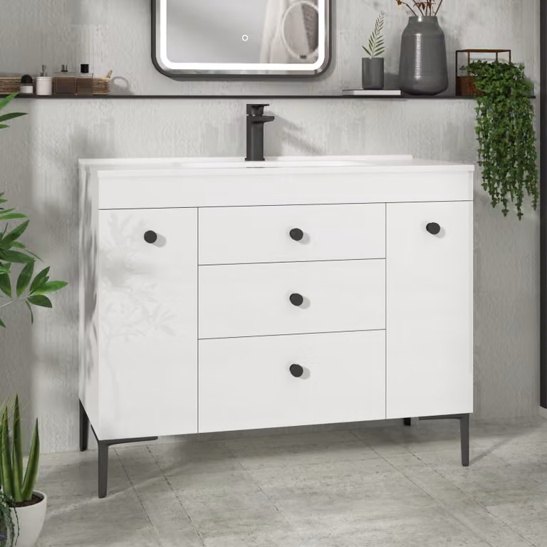 Royal Bathrooms Verona 1000mm Gloss White Floor Standing Vanity Unit with Ceramic Basin and Matt Black Knobs