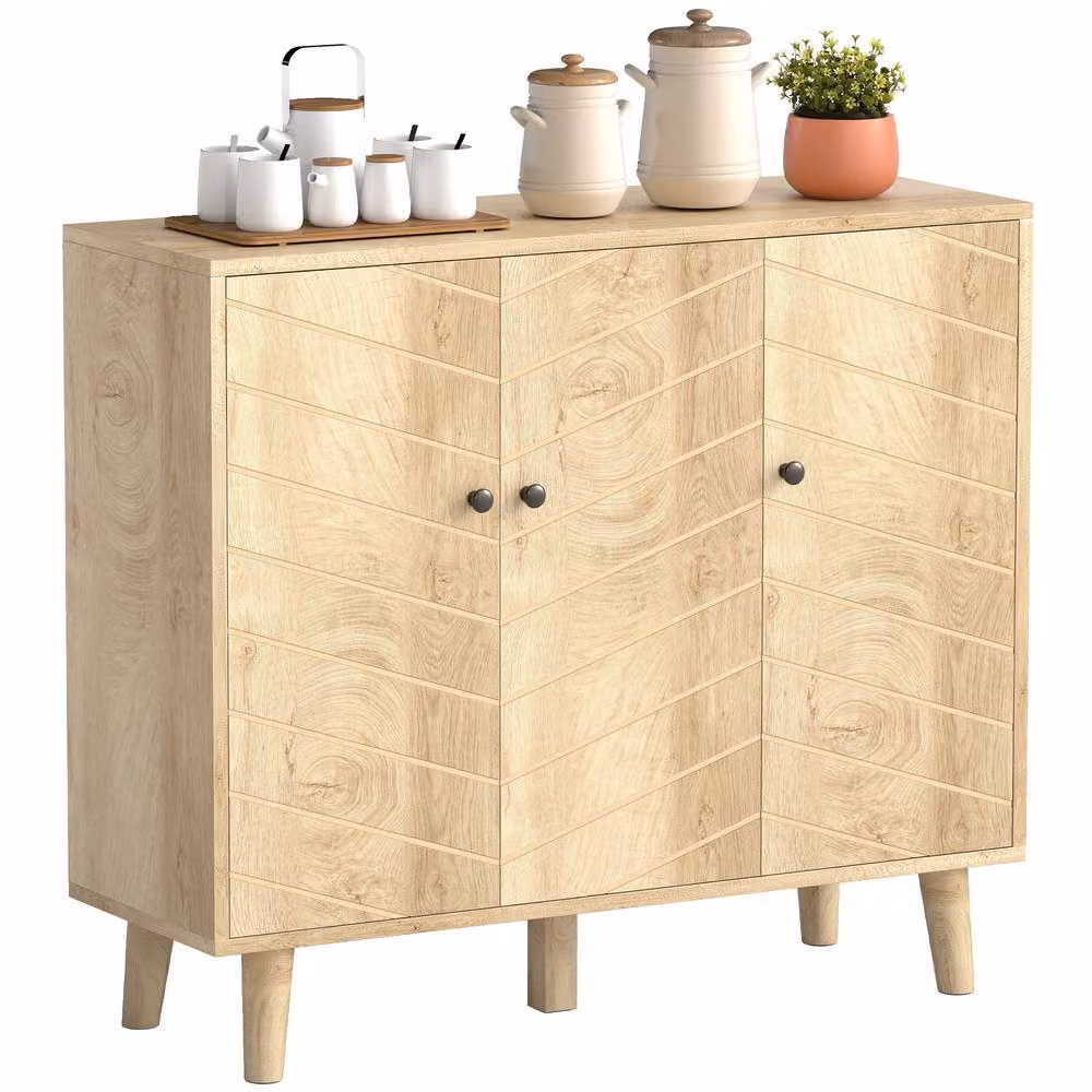 HOMCOM Vintage Sideboard Cabinet with 3 Geometric Chevron Doors in Brown Wood Finish, W/D/H: 76.0 x 30.0 x 88.3 cm – 2