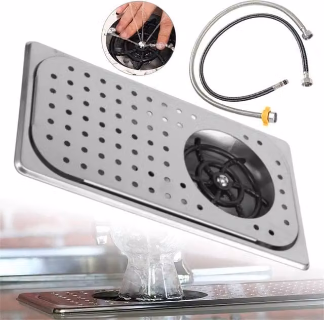 Nordara Stainless Steel Glass Rinser Cup Washer with Drain Drip Tray in Silver W/D/H: 100 x 15 x 15 cm