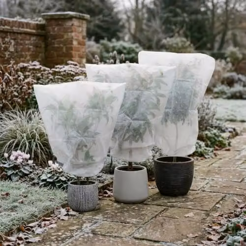 Harbour Housewares 3-Piece White Polyester Plant Fleece Frost Protection Cover Set with Drawstring – 2