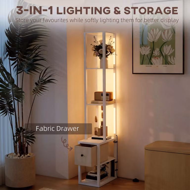 HOMCOM Dimmable LED Floor Lamp with Shelves and Fabric Drawer in White
