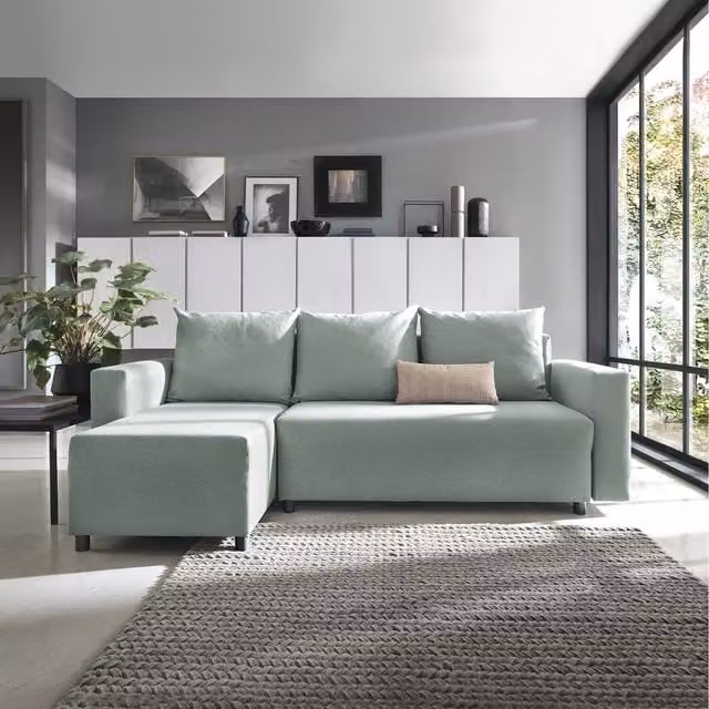 Abakus Direct Oslo Reversible L-Shape Corner Sofa Bed in Pistachio Green Fabric with Sleeping Function and Removable Covers