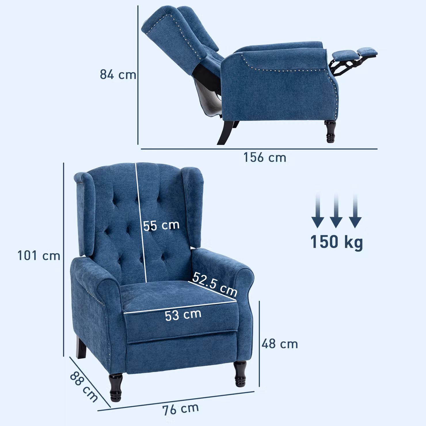 HOMCOM Vintage Reclining Armchair with Integrated Footrest in Royal Blue – 3