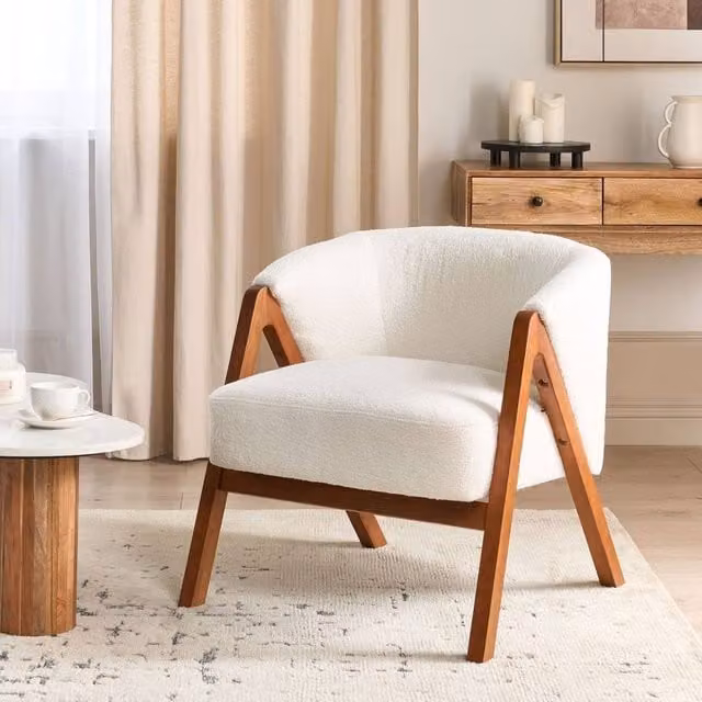 Wyld and Coco White Bouclé Tub Armchair with Rubberwood Legs – 1