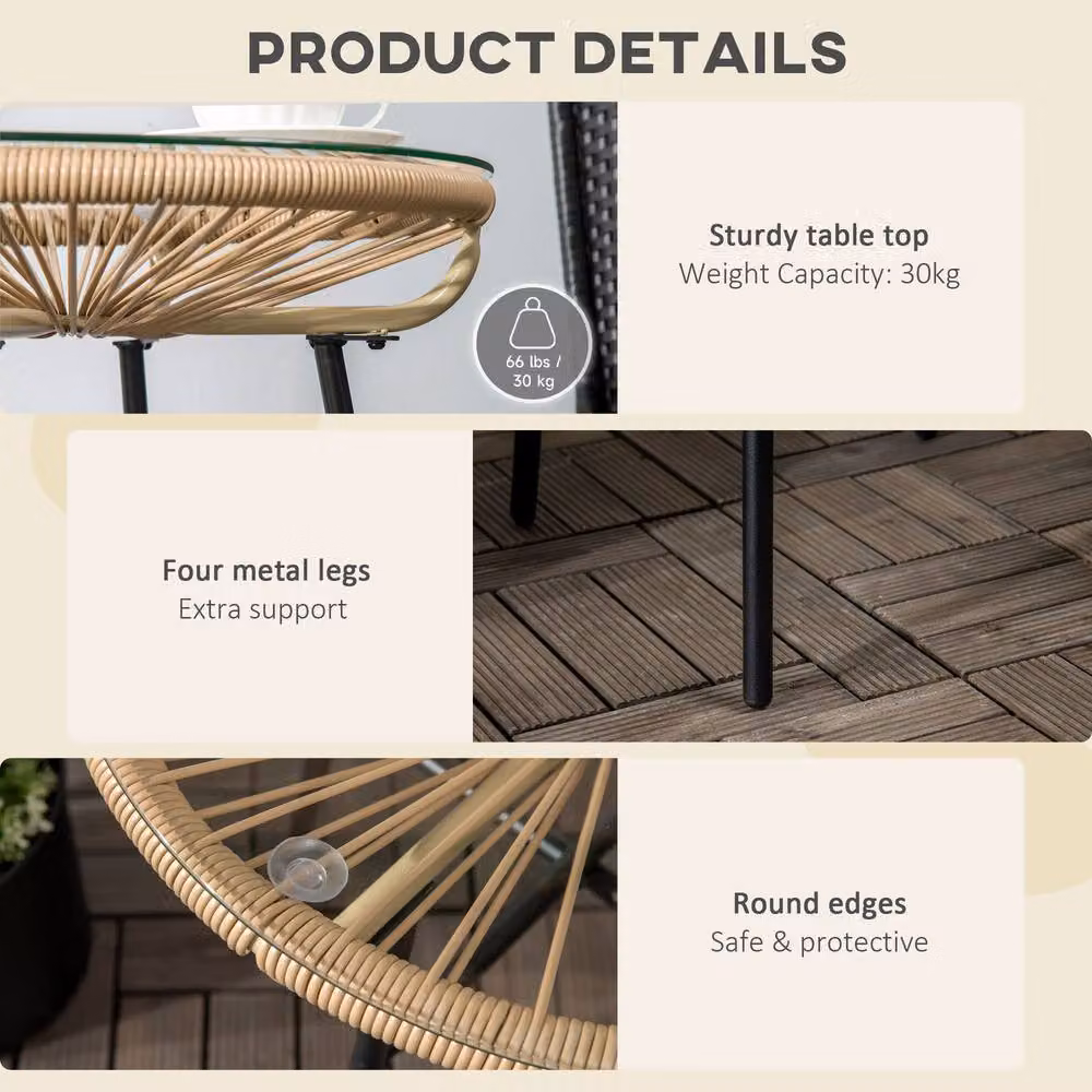ERGOVEXA Modern Beige Polyrattan Garden Side Table with Glass Top – 6