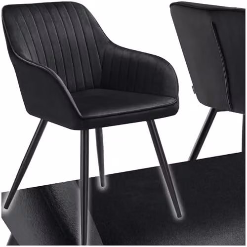 tectake Dining Chair with Quilted Velvet-Look Cover and Armrests in Black
